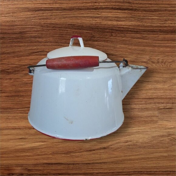 Vintage Enamel White Teapot With Red Trim & Wooden Handle - Picture 1 of 13